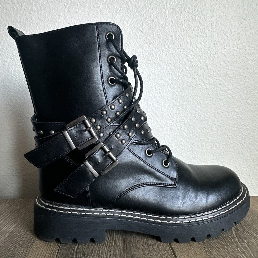 Zigi Soho Janet Studded Combat Boots Black Buckle Lace Up Women 7.5